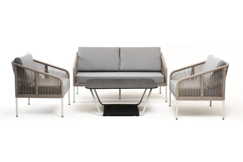 "Канны" лаунж-зона 4-местная из роупа со столом "Глория" (серый гранит), каркас алюминиевый светло-серый, роуп серый меланж