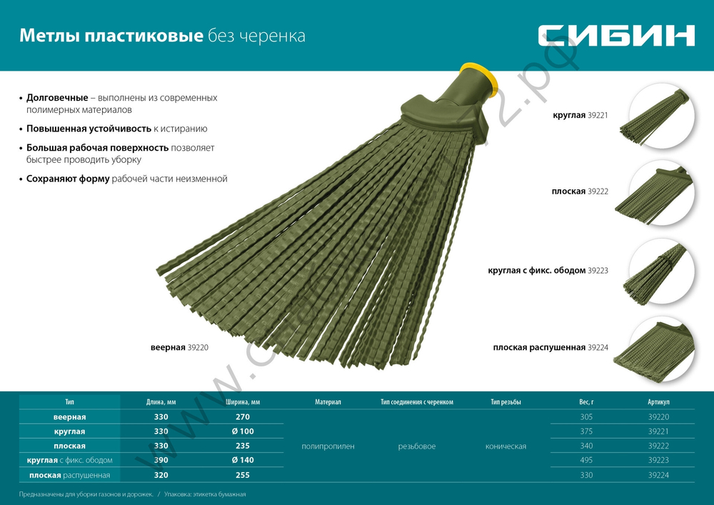 СИБИН 440х190мм, круглая с фиксирующим ободом, полипропилен, коническое резьбовое соединение, пластиковая метла (39223)