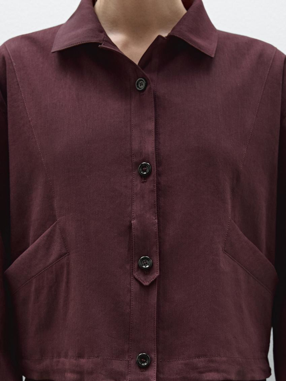 Massimo Dutti Куртка-бомбер из струящейся смесовой льняной ткани, бургундский