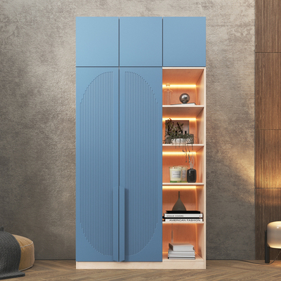 Шкаф Агератум МДФ двухсекционный с антресолью и стеллажом в синей эмали - Дуб молочный 8622  190*45*220