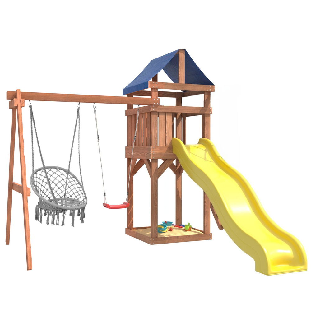 Детская площадка Сlassic с качелями лодочка и подвесным плетеным креслом IgroWoods для улицы и дачи