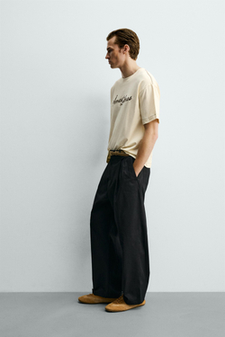 ZARA ФУТБОЛКА RELAXED FIT С ВЫШИТОЙ НАДПИСЬЮ, БЕЖЕВЫЙ