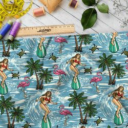 Ткань кулирная гладь сёрфинг, пальмы, черепахи и фламинго