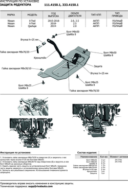 Защита редуктора Rival для Nissan Qashqai II Россия (V - 2.0) 4WD 2015-2019/Nissan Qashqai II рестайлинг (V - 2.0) 4WD 2019-н.в./Nissan X-Trail T32 (V - 2.0; 2.5) 4WD 2015-2018 2018-н.в./Renault Koleos II (V - 2.0; 2.0D; 2.5) 4WD 2016-2020, штампованная, алюминий 3 мм, с крепежом, 333.4150.1