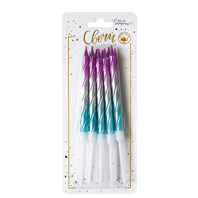 Свечи тортовые классические Витые Градиент Серебро-розовый-синий с держателями 10 шт