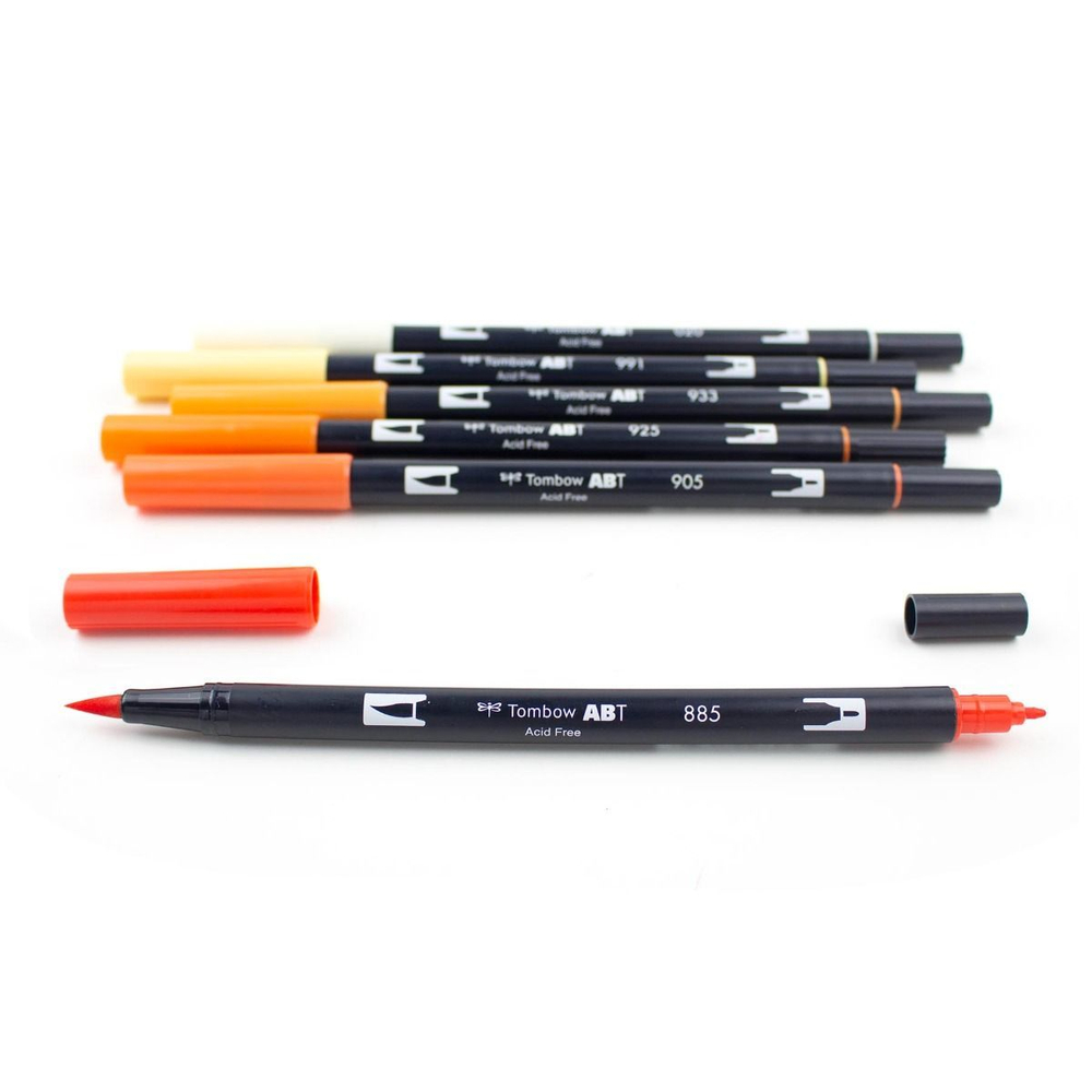 Tombow ABT Dual Brush №885 Warm Red, №905 Red, №925 Scarlet, №933 Orange, №991 Light Ochre и №020 Peach