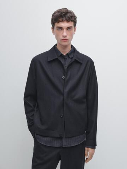 Massimo Dutti Куртка-рубашка из 100% шерсти с эффектом вельвета, темно-синий
