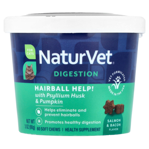 NaturVet, пищеварение, волосяные комки, с шелухой подорожника и тыквой, для кошек, лосось и бекон, 60 жевательных таблеток, 90 г (3 унции)