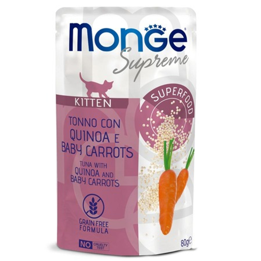 Влажный корм Monge Supreme kitten для котят из тунца с киноа и мини-морковью, паучи 80 г - 24 шт