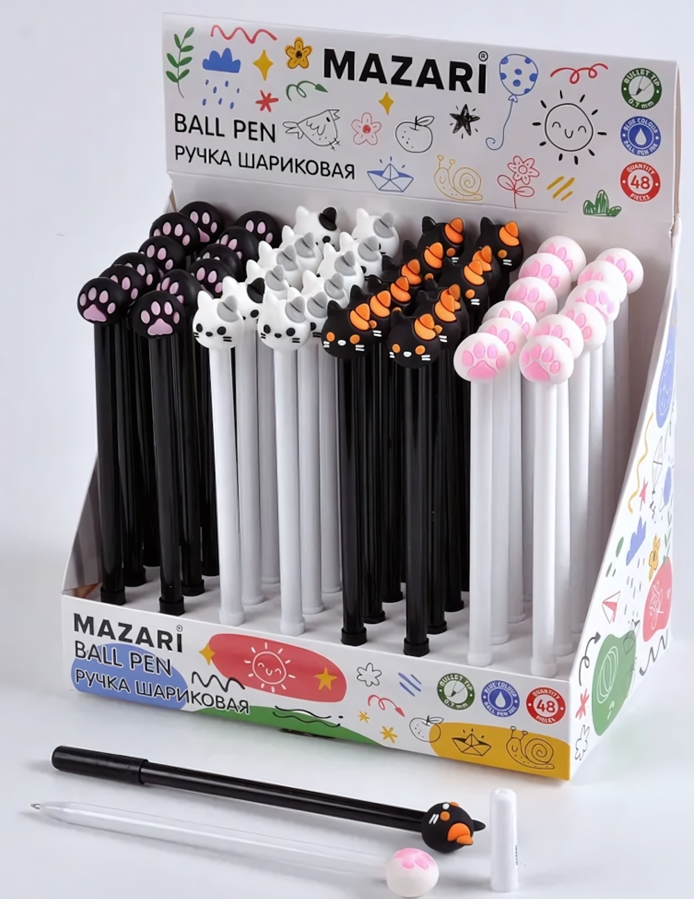 Ручка шарик. 0.7мм. "Коты-лапки" синяя, смен.стержень 125мм, цветн.корп, 2 диз. в ассорт. (Mazari)