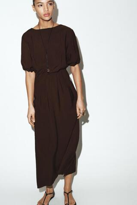 ZARA ПЛАТЬЕ МИДИ С ПЛИССИРОВКОЙ, ШОКОЛАДНЫЙ
