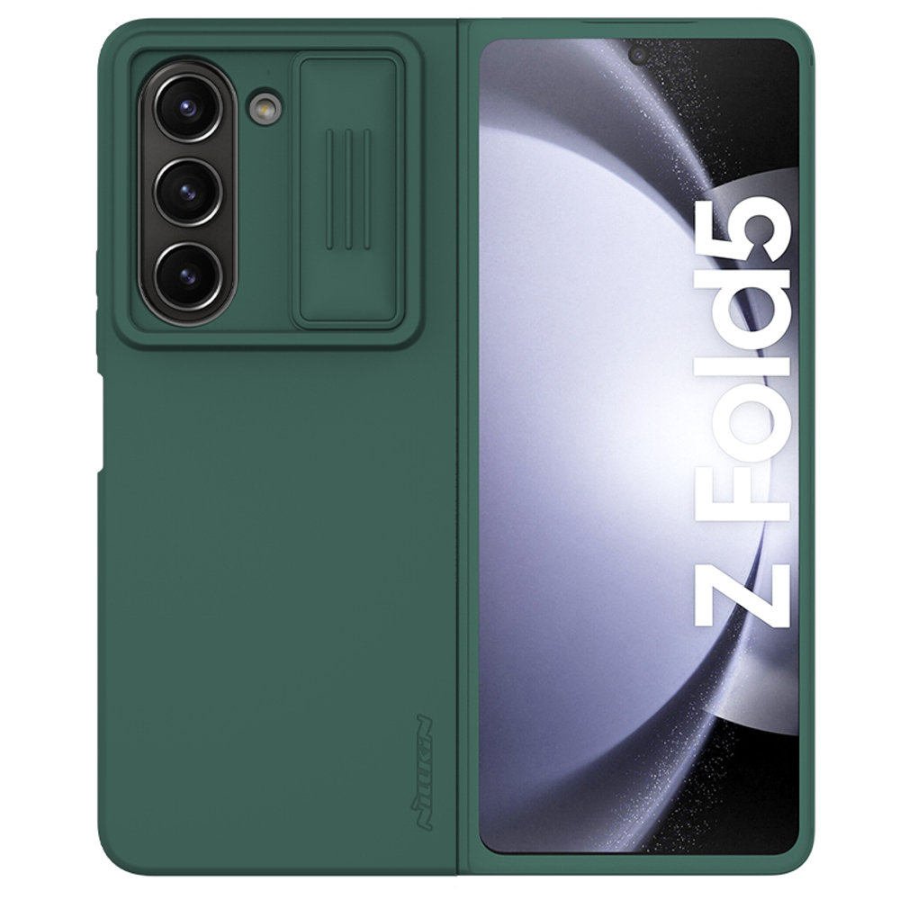 Чехол темно-зеленого цвета покрытый мягким жидким силиконом от Nillkin для Samsung Galaxy Z Fold 5, серия CamShield Silky Silicone с защитной шторкой для камеры