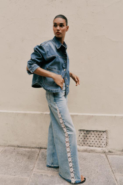 ZARA ДЖИНСЫ Z1975 WIDE LEG С ВЫСОКОЙ ПОСАДКОЙ И КОМБИНИРОВАННОЙ ВЯЗКОЙ КРЮЧКОМ, ВЫЦВЕТШИЙ СИНИЙ