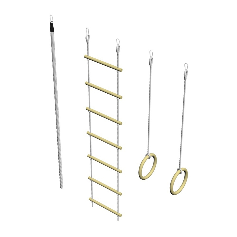 Комплект: Канат х/б с крепежом, Кольца гимнастические деревянные, Лестница веревочная с деревянными ступенями (10 шт)