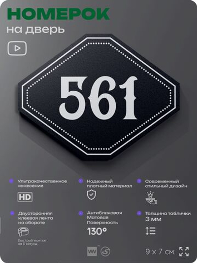 Номерок на дверь квартиры 561, для кабинета, офиса, шильдик 9 х 7 см, черный, Айдентика Технолоджи