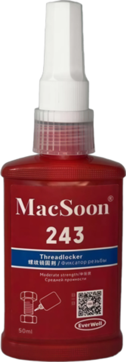 MacSoon 243, фиксатор резьбы средней прочности, для фиксации и герметизации резьбовых соединений на металлах (латунь, медь) и поверхностях с гальваническим покрытием (нержавеющая сталь), 50 мл
