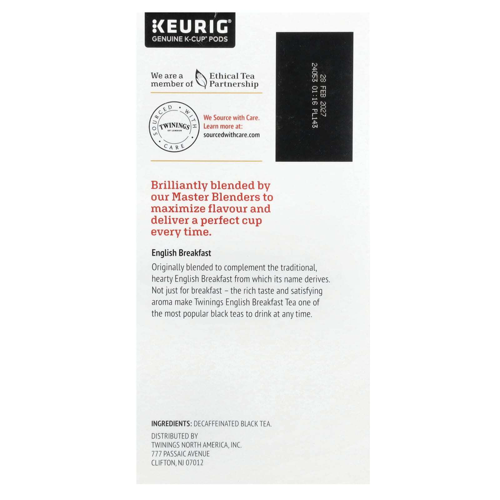 Twinings, Чистый черный чай, английский завтрак, без кофеина, 24 капсулы, по 3,2 г (0,11 унции)