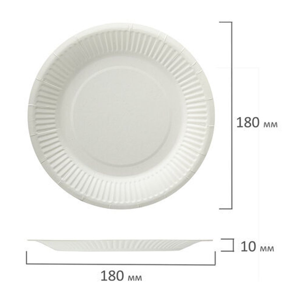 Тарелка одноразовая бумажная 180 мм, КОМПЛЕКТ 100 шт., БЮДЖЕТ, белая мелованная, LAIMA, 608083