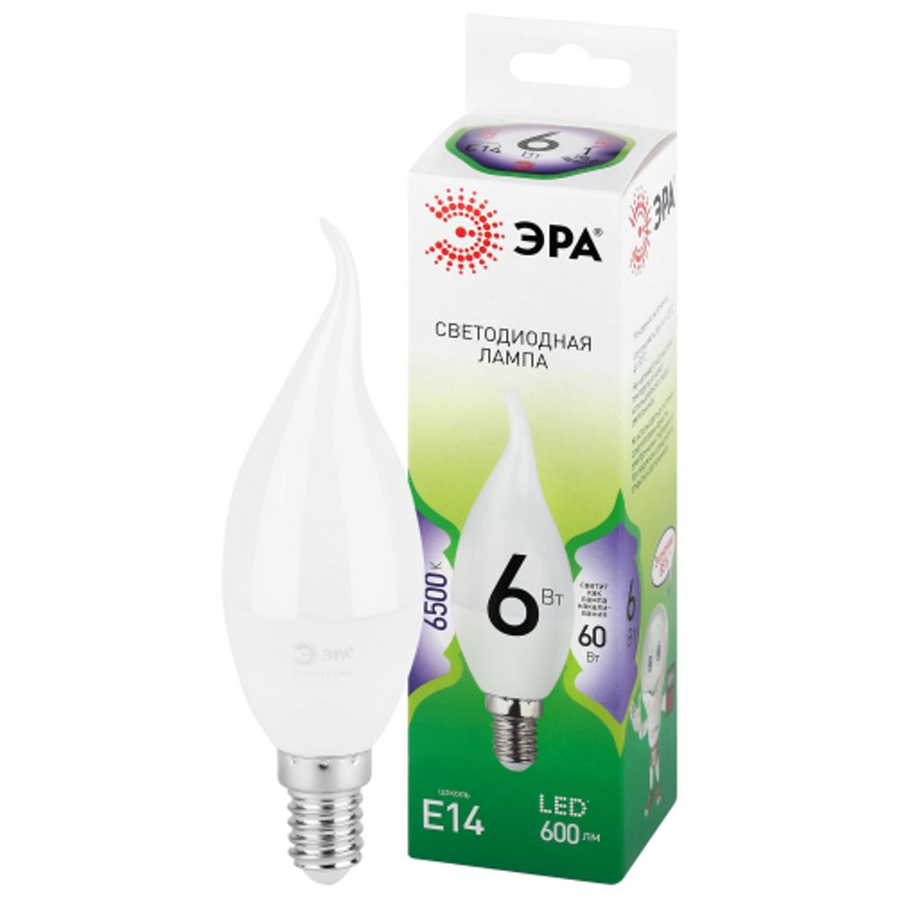 Лампа светодиодная ЭРА GREEN LINE LED BXS-6W-865-E14 GL 6Вт свеча на ветру холодный свет E14 | Лампы cветодиодные Свеча (B/C)