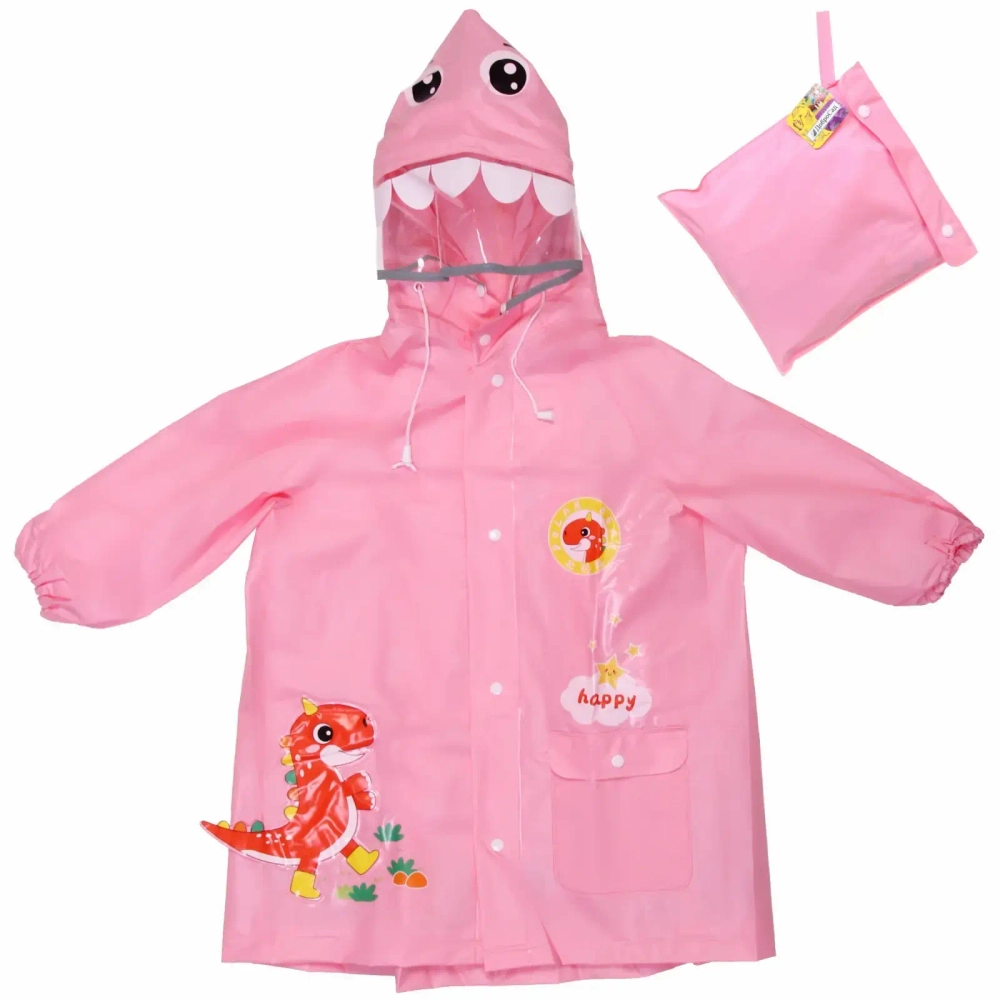 Дождевик-плащ детский «Рокки-Динозаврик» с капюшоном, рукава на резинке, цвет розовый, размер L(68*50см) ДоброСад