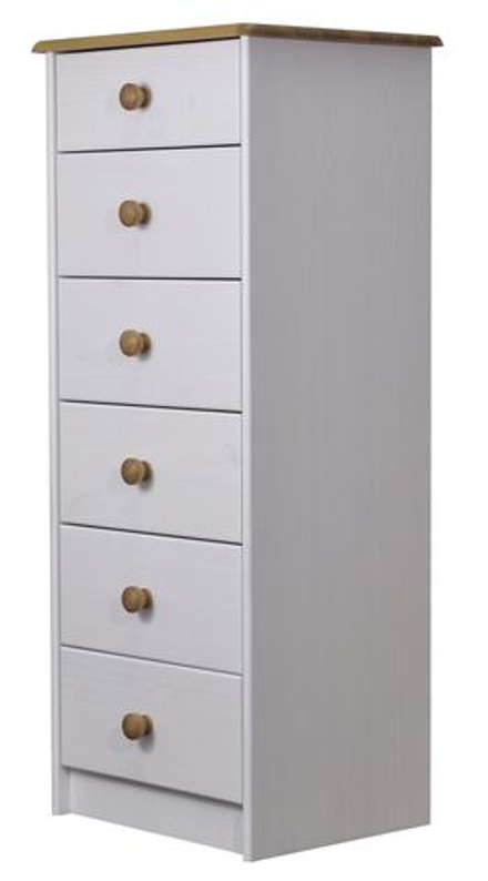 Комод 6 ящиков Хаба из массива сосны, белый/антик