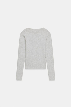 ZARA ФУТБОЛКА В РУБЧИК С ВЫРЕЗОМ «ЛОДОЧКА», СЕРЫЙ МЕЛАНЖ