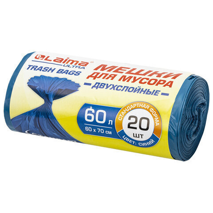 Мешки для мусора LAIMA «ULTRA» 60 л синие, в рулоне 20 шт. прочные, ПВД 21 мкм, 60×70 см, 3 упаковки.
