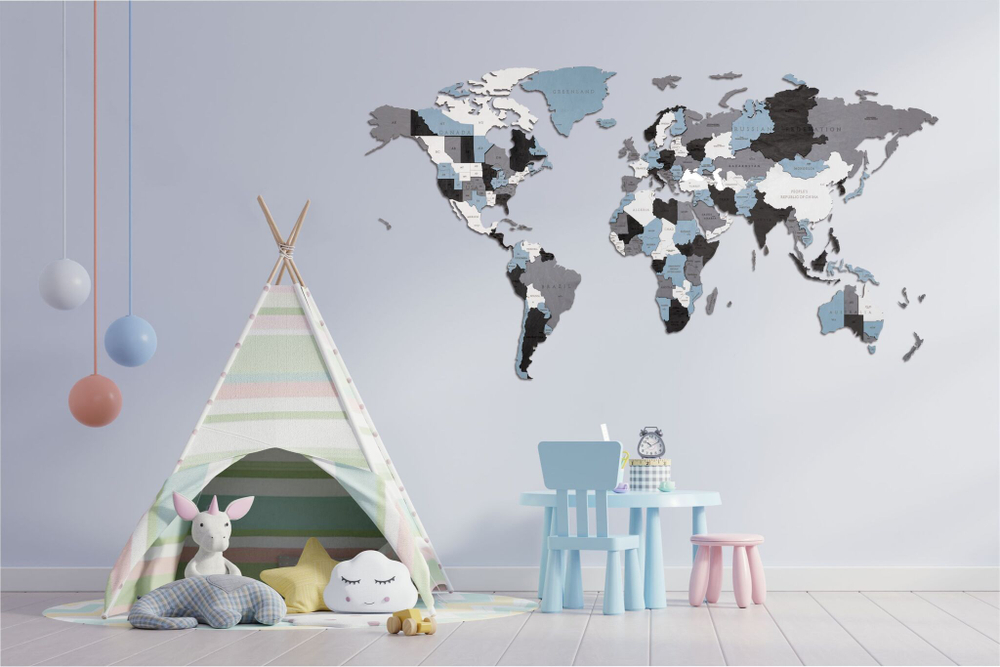 EWA Деревянная Карта Мира настенная, объемная 3 уровня, размер S (100x55 см), цвет дымчатый