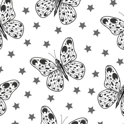 Черные  декоративные  бабочки и звездочки на белом фоне