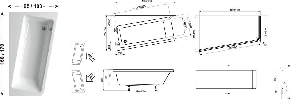 ВАННА АКРИЛОВАЯ RAVAK 10° прав.с каркасом и панелью