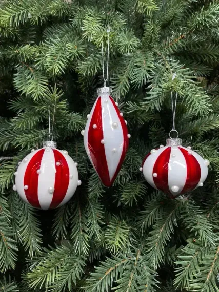 Набор стеклянных украшений Белуччи 80 мм., красный с белым, 9 шт., Christmas DeLuxe (13080)