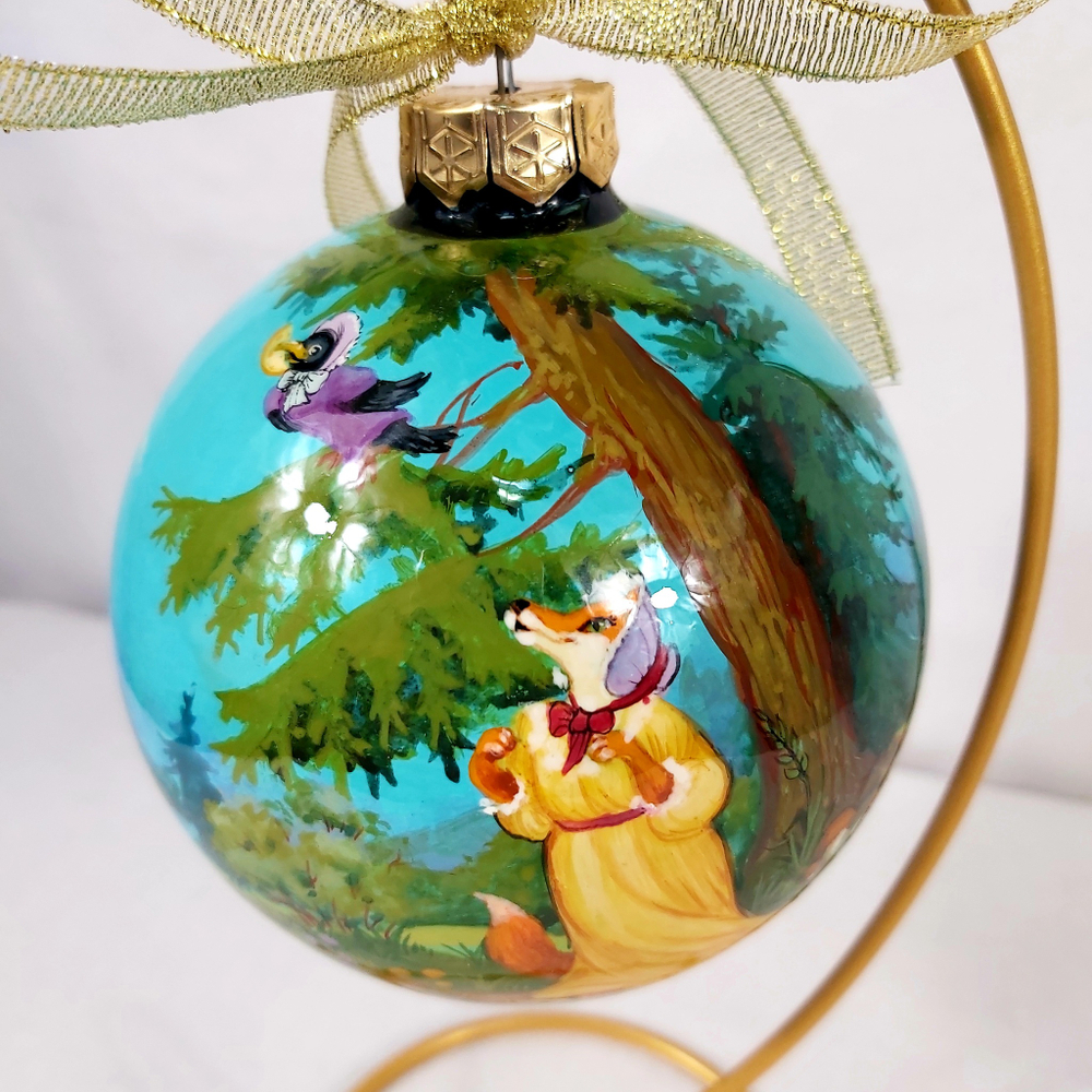 Коллекционный шар новогодний (круговая роспись Палех) "Ворона и лисица"  в коробке