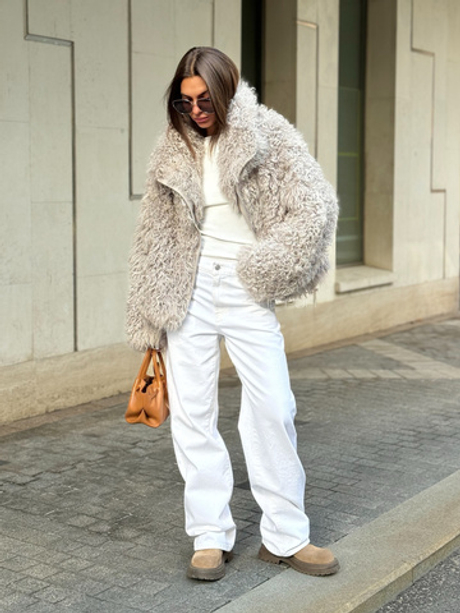 Серая шуба-косуха из овчины калган