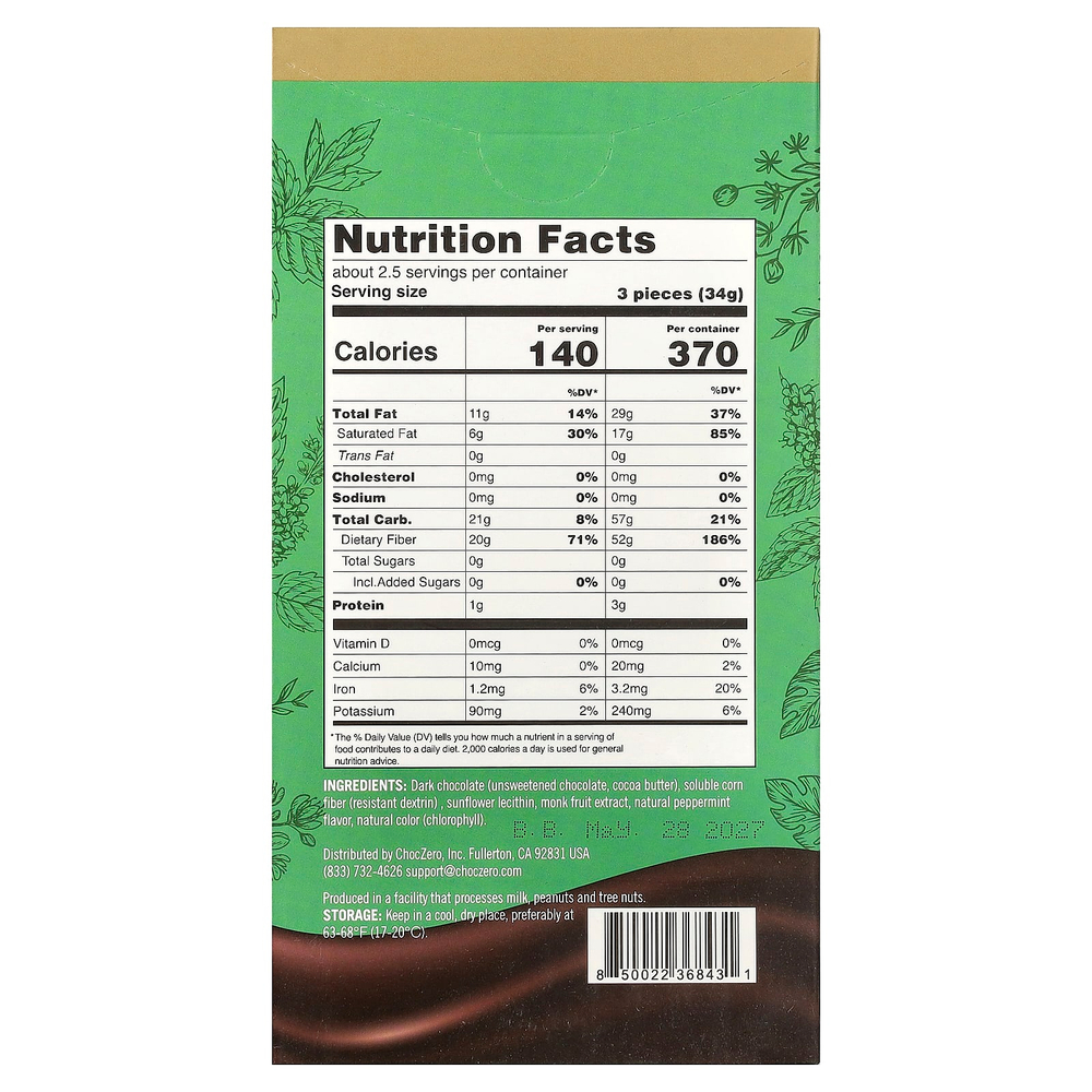 ChocZero, Keto Bark, темный шоколад, перечная мята, 8 батончиков, 90 г (3,2 унции)