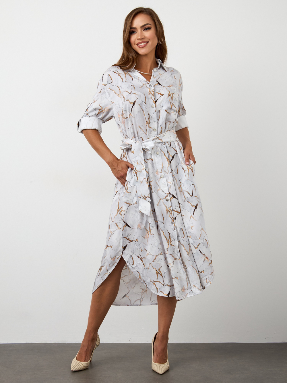 Платье-рубашка с мраморным узором из вискозы