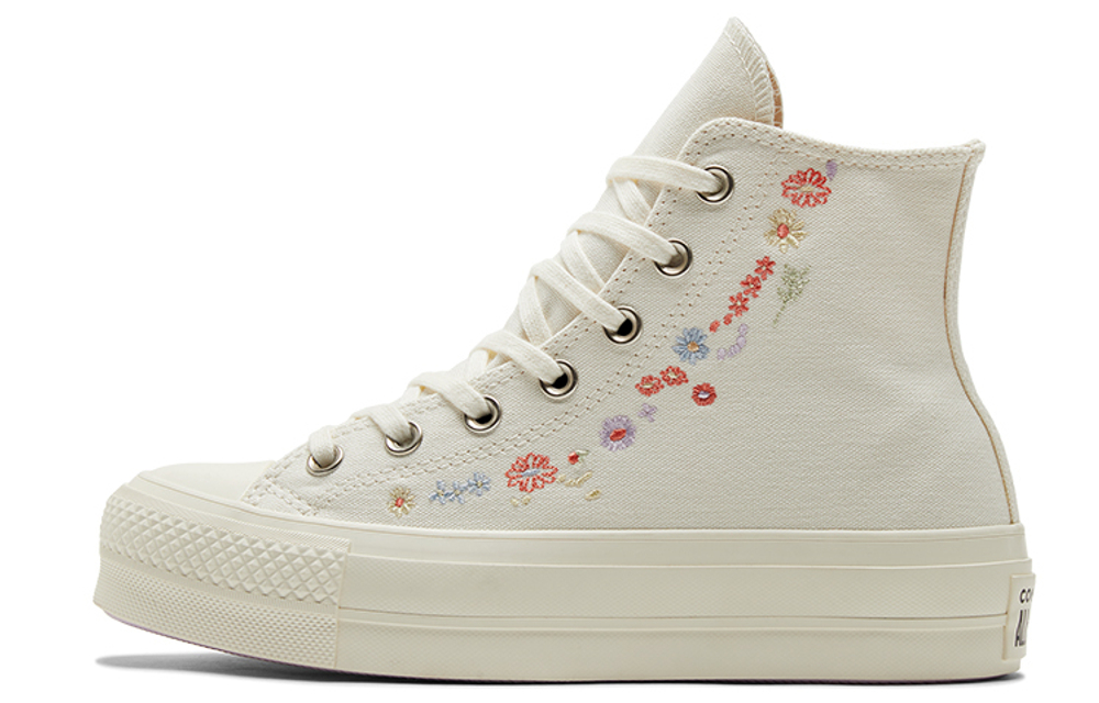 Converse All Star Lift Chuck Taylor Flower Embroidery Thick Bottom Anti-Slip Wear-Resistant Lightweight High Canvas Shoes Women's Rice White