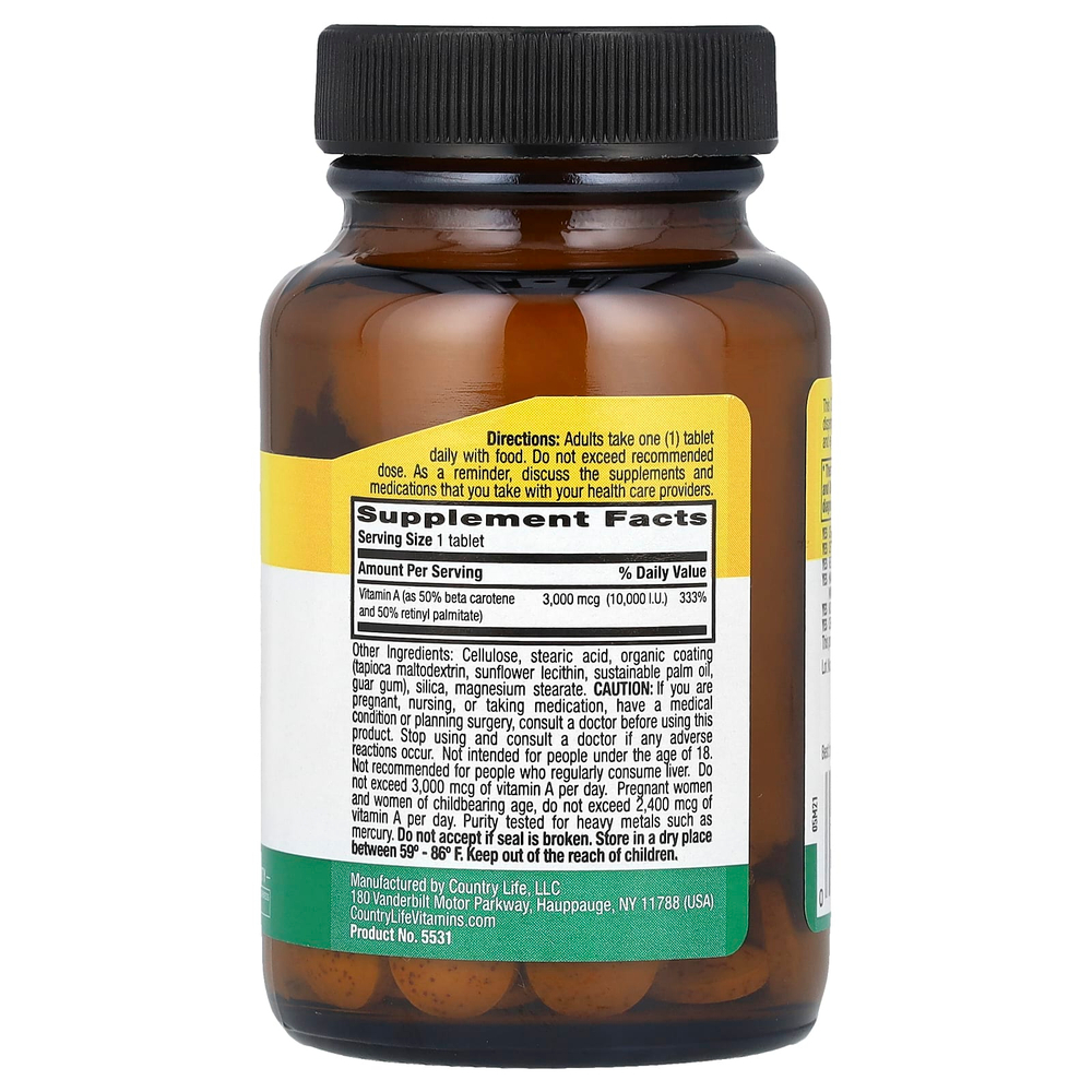 Country Life, Сухой витамин A, 3000 мкг, 100 таблеток