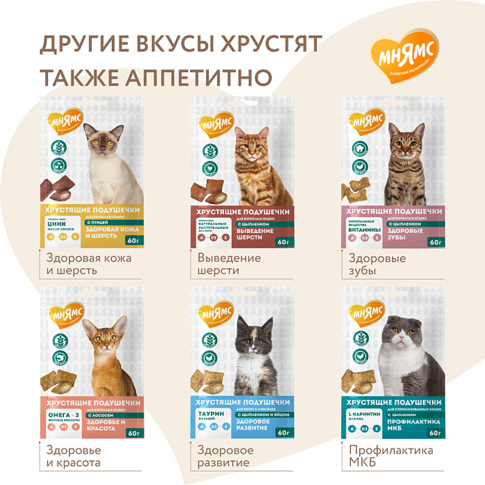 Лакомство для кошек "Здоровье и активность" хрустящие подушечки с курицей Мнямс 60 гр, 10 шт