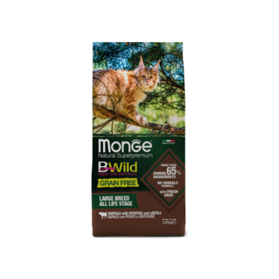Сухой корм для котят и крупных кошек беззерновой из мяса буйвола Monge Cat BWild GRAIN FREE 1,5кг