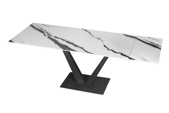 Стол "МАЛИБУ" 140-220х85, керамика Panda White глянц.,R-6, опора черный муар
