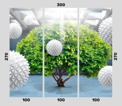 Фотообои виниловые на флизелиновой основе "Дерево с колючими шарами 3D зеленый", Арт. 13-076, 300х270см (ШхВ)