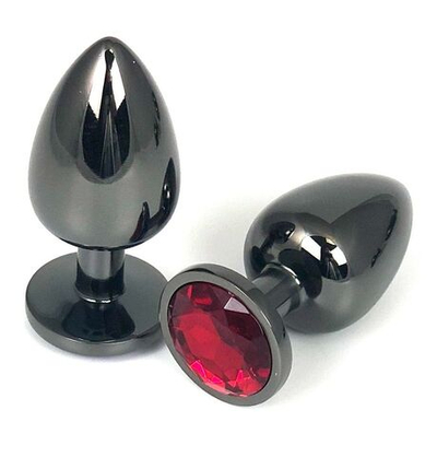 Черная металлическая анальная пробка с красным стразом - 7,5 см. (Цвет: красный)