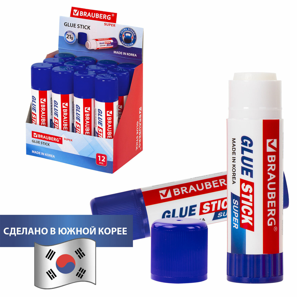 Клей-карандаш BRAUBERG SUPER 21 г ЮЖНАЯ КОРЕЯ (12 штук в упаковке)