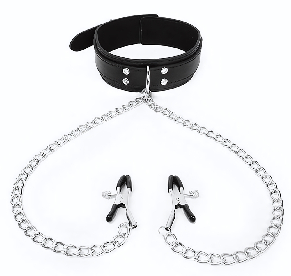 Черный ошейник с зажимами на соски на цепочке (Цвет: черный)