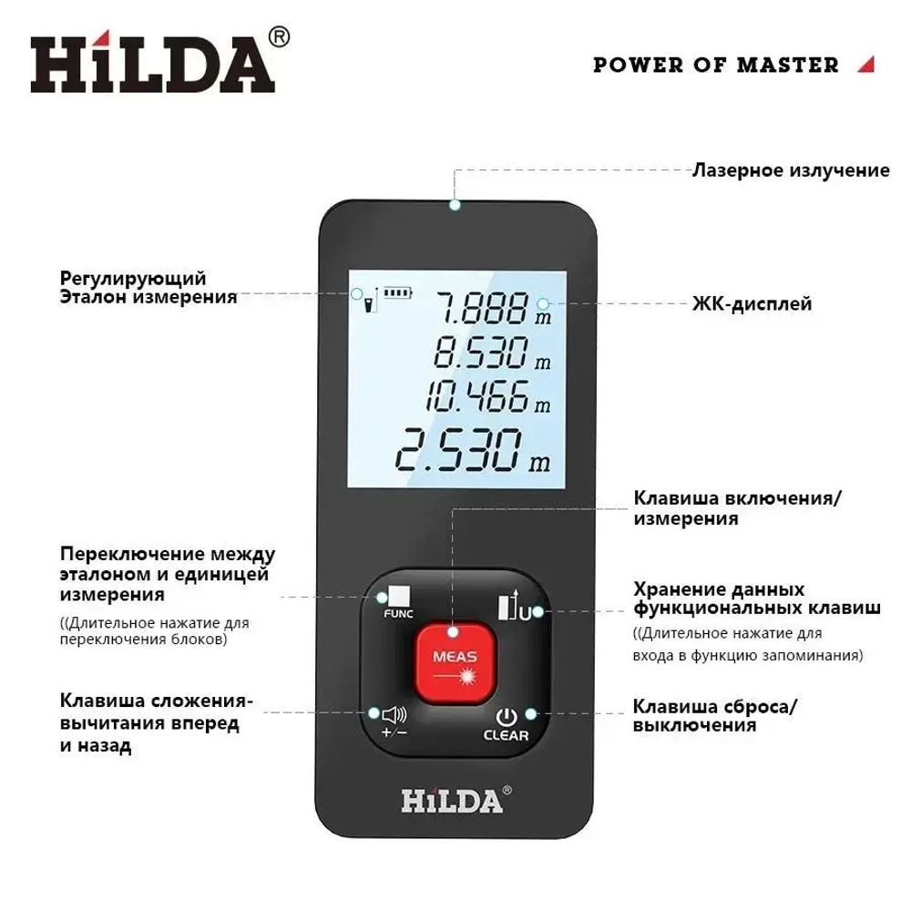 Лазерный дальномер HILDA, 100 м, лазерная рулетка, блок питания usb, подарок
