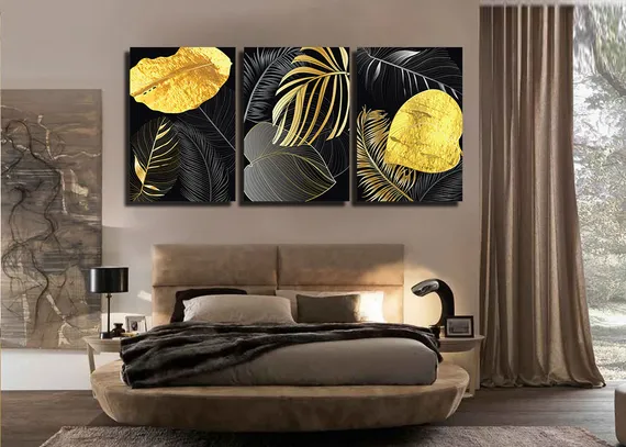 Модульная картина "Тропические листья черно-золотые"