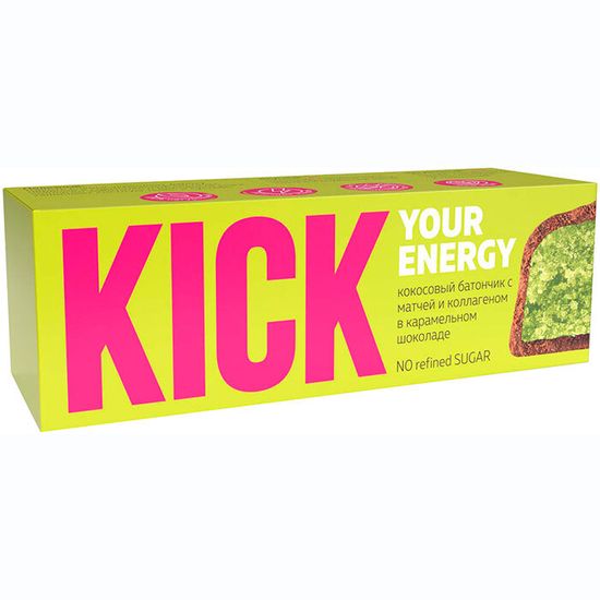 Кокосовый батончик с матчей и коллагеном в карамельном шоколаде KICK 45 г/10 шт