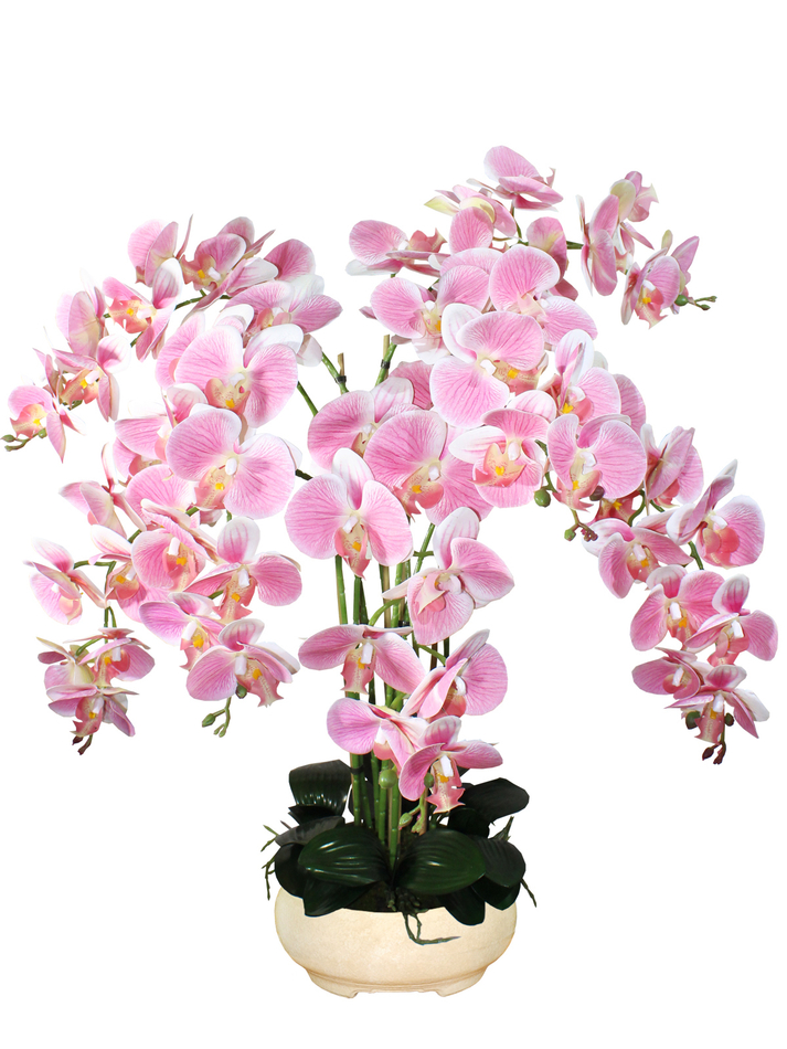 Искусственные Орхидеи 7 веток бело-розовые 80 см в широком кашпо