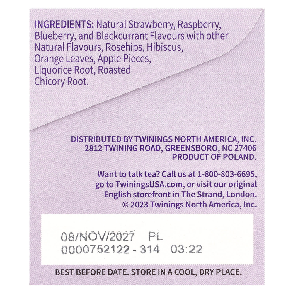 Twinings, Ароматизированный травяной чай, лесные ягоды, без кофеина, 20 чайных пакетиков, 40 г (1,41 унции)