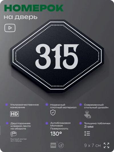 Номерок на дверь квартиры 315, для кабинета, офиса, шильдик 9 х 7 см, черный, Айдентика Технолоджи